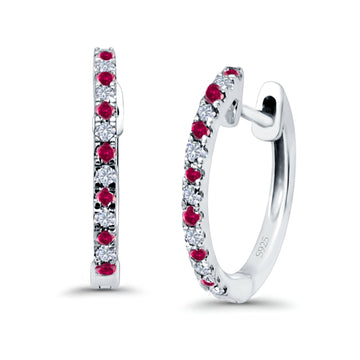 Hoop Earrings Half Eternity Round Simulated Ruby Cubic Zirconia 925 Sterling Silver (14mm)